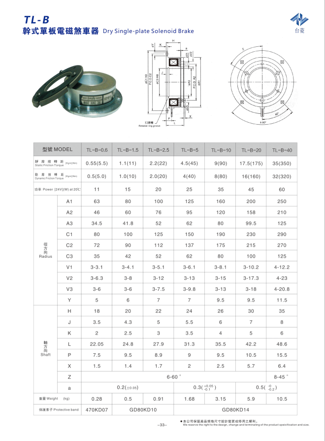 臺(tái)菱牌DC24V電磁制動(dòng)器TL-B型型號(hào)參數(shù)